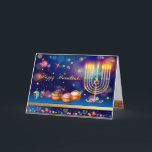 First Candle of Hanukkah Festival of Lights Party Thank You Card<br><div class="desc">First Candle of Hanukkah. Happy Hanukkah Festival of lights party invitation beauty Jewish holiday card. Beautiful Jewish Holiday Chanukkah background with traditional Chanuka decorative symbols - wooden dreidels (spinning top), donuts, hanukkiah menorah, candles, star of David and glowing lights wallpaper gold pattern. Hanukkah festival of lights event decoration. Jerusalem, Israel....</div>