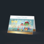 First Candle of Hanukkah Festival of lights party Thank You Card<br><div class="desc">First Candle of Hanukkah. Happy Hanukkah Festival of lights party invitation beauty Jewish holiday card. Beautiful Jewish Holiday Chanukkah background with traditional Chanuka decorative symbols - wooden dreidels (spinning top), donuts, hanukkiah menorah, candles, star of David and glowing lights wallpaper gold pattern. Hanukkah festival of lights event decoration. Jerusalem, Israel....</div>