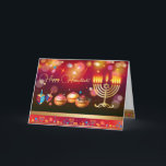 First Candle of Hanukkah Festival of Lights Party Thank You Card<br><div class="desc">First Candle of Hanukkah. Happy Hanukkah Festival of lights party invitation beauty Jewish holiday card. Beautiful Jewish Holiday Chanukkah background with traditional Chanuka decorative symbols - wooden dreidels (spinning top), donuts, hanukkiah menorah, candles, star of David and glowing lights wallpaper gold pattern. Hanukkah festival of lights event decoration. Jerusalem, Israel....</div>
