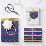 First Candle of Hanukkah Festival of Lights Party  Wrapping Paper Sheets<br><div class="desc">First Candle of Hanukkah. Happy Hanukkah Festival of lights party Wrapping Paper beauty Jewish holiday card. Beautiful Jewish Holiday Chanukah background with traditional Chanukah decorative symbols - wooden dreidels (spinning top), donuts, hanukkiah menorah, candles, star of David and glowing lights wallpaper gold hanukkiah navy blue pattern pattern. Hanukkah festival of...</div>