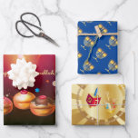 First Candle of Hanukkah Festival of Lights Party Wrapping Paper Sheets<br><div class="desc">First Candle of Hanukkah. Happy Hanukkah Festival of lights party Wrapping Paper set celebrate Jewish Holiday. Beautiful Jewish Holiday Chanukah background with traditional Chanuka decorative symbols - wooden dreidels (spinning top), donuts, hanukkiah menorah, candles, star of David and glowing lights wallpaper gold pattern. Hanukkah festival of lights event decoration. Jerusalem,...</div>