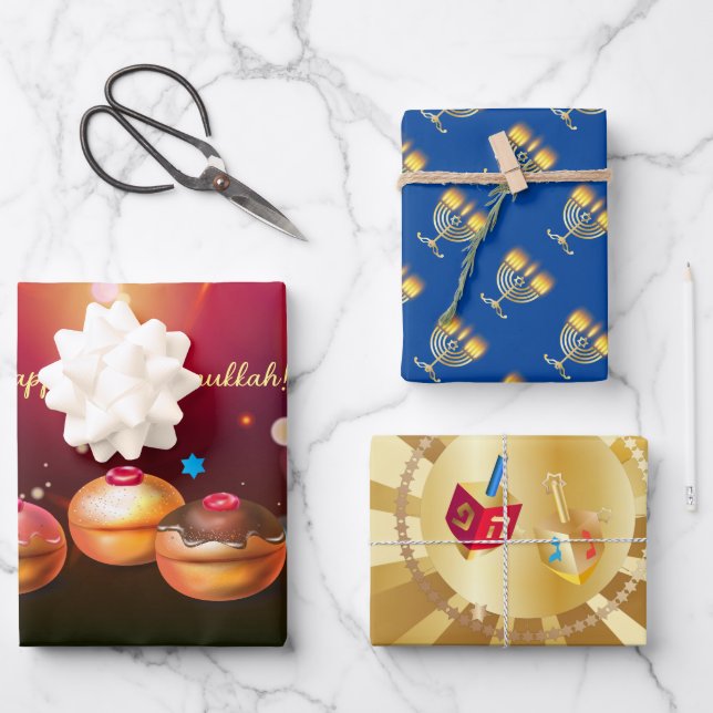 First Candle of Hanukkah Festival of Lights Party Wrapping Paper Sheets (Front)