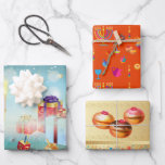 First Candle of Hanukkah Festival of lights party Wrapping Paper Sheets<br><div class="desc">First Candle of Hanukkah. Happy Hanukkah Festival of lights party Wrapping Paper beauty Jewish holiday card. Beautiful Jewish Holiday Chanukah background with traditional Chanuka decorative symbols - wooden dreidels (spinning top), sweet donuts, hanukkiah menorah, candles, star of David and glowing lights wallpaper gold pattern. Hanukkah festival of lights event decoration....</div>