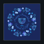 First Candle of Hanukkah Personalised Holiday Card<br><div class="desc">First Candle of Hanukkah Hanukkiah Symbol. Happy Hanukkah Party Jewish Holiday Blue Menorah. Jewish Holiday Chanukkah Decoration with traditional Chanuka decorative symbol - Navy Blue color hanukkiah menorah, candlestick with candles, star of David and neon blue glowing lights illustration. Hanukkah Festival of lights Event Decoration. Jerusalem, Israel. Invitations & Stationery...</div>