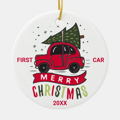 First Car Merry Christmas Red Car Tree Custom Text Ceramic Ornament