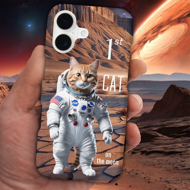 First Cat on the Moon Funny Cat Case-Mate iPhone Case (Phone case featuring an illustration of a funny cat on the moon - space - sci-fi - adventure)
