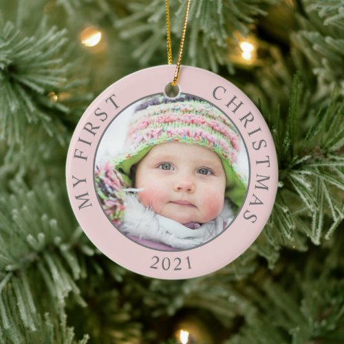 First Christmas 2 Photo Template Holiday Ceramic Ornament