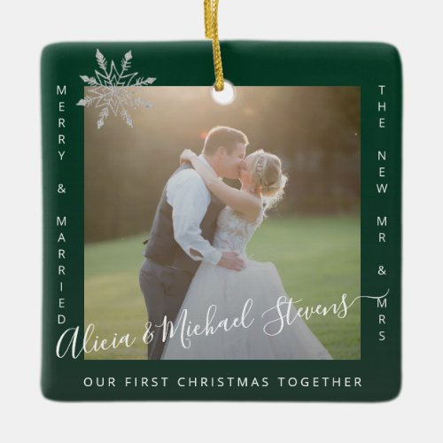 First Christmas 2 photos Mr and Mrs couple green Ceramic Ornament