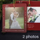 First Christmas 2 photos Mr and Mrs couple red Ceramic Ornament<br><div class="desc">Minimalist modern merry and married new Mr and Mrs wedding newlyweds couple photo double sided personalized keepsake red Christmas tree ornament template with a trendy handwritten signature style faux silver gray calligraphy script and a snowflake.              Easy to personalize on both sides with your text and pictures.</div>