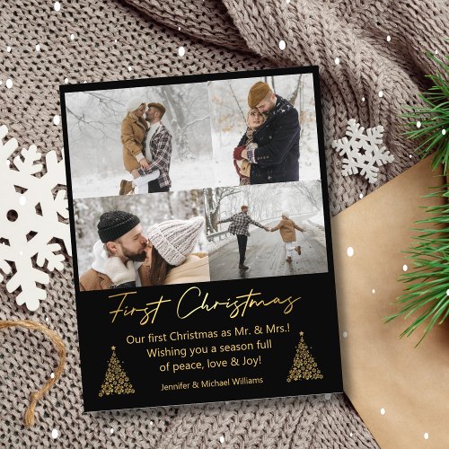 first christmas 4 photos collage gold black card  flyer
