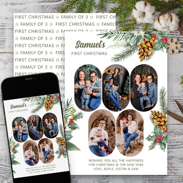 First Christmas 5 Photo Holly and Pine New Baby Holiday Card (First Christmas New Baby Photo Holiday Card from Rounded Lozenge Photo Collage collection)