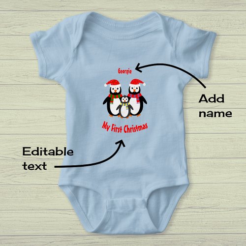First Christmas add name penguins Baby Bodysuit