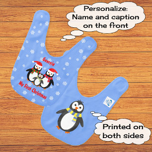 First Christmas add name two sided penguins blue Bib