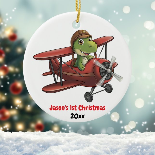 First Christmas Airplane and Dinosaur Pilot Custom Ceramic Ornament (Creator Uploaded)