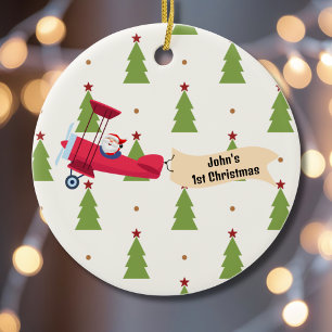 First Christmas Airplane & Santa Trees Boy Custom Ceramic Ornament