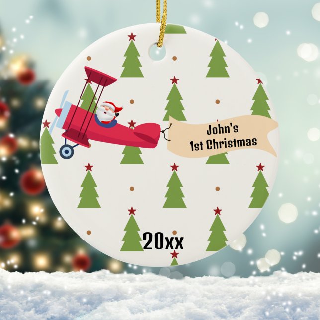 First Christmas Airplane & Santa Trees Boy Custom Ceramic Ornament (Creator Uploaded)