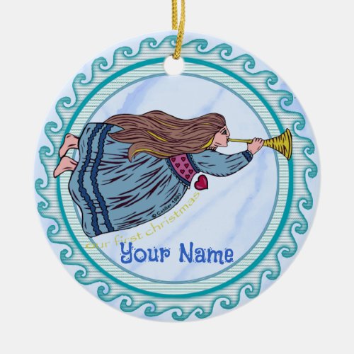 First Christmas Angel custom name round ornament