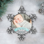 First Christmas Aqua Blue Baby Boy Photo<br><div class="desc">"My First Christmas" banner and snowflake border photo ornament design can be personalized with the baby boy's name and birth year. Includes a second photo on the back. Aqua / teal blue,  gray and white colors.</div>
