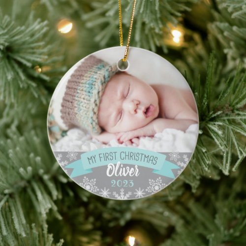 First Christmas Aqua Blue Baby Boy Photo Ceramic Ornament