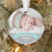 First Christmas Aqua Blue Baby Boy Photo Ornament