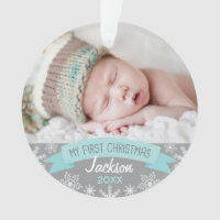 First Christmas Aqua Blue Baby Boy Photo Ornament