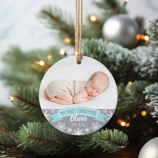 First Christmas Aqua Blue Baby Boy Photo Ornament