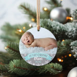 First Christmas Aqua Blue Baby Boy Photo Ornament<br><div class="desc">"My First Christmas" banner and snowflake border photo ornament design can be personalized with the baby boy's name and birth year. Includes a second photo on the back. Aqua / teal blue,  gray and white colors.</div>