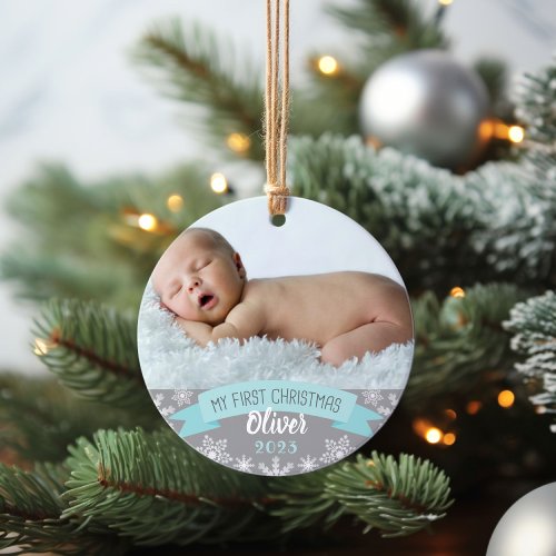 First Christmas Aqua Blue Baby Boy Photo Ornament
