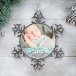 First Christmas Aqua Blue Baby Boy Photo Snowflake Pewter Christmas Ornament<br><div class="desc">"My First Christmas" banner and snowflake border photo ornament design can be personalized with the baby boy's name and birth year. Includes a second photo on the back. Aqua / teal blue,  gray and white colors.</div>