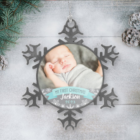 First Christmas Aqua Blue Baby Boy Photo Snowflake Pewter Christmas Or