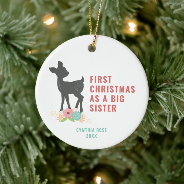 First Christmas As A Big Sister Personalized Fawn Ceramic Ornament (Tree)