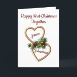 First Christmas as a Couple, Evergreens Hearts Holiday Card<br><div class="desc">This Christmas card is to wish a new couple a Happy Christmas. It is suitable for any couple that is celebrating Christmas together for the first time. You can change the text to any you want, including the names in the hearts. The design on the front has two entwined gold...</div>