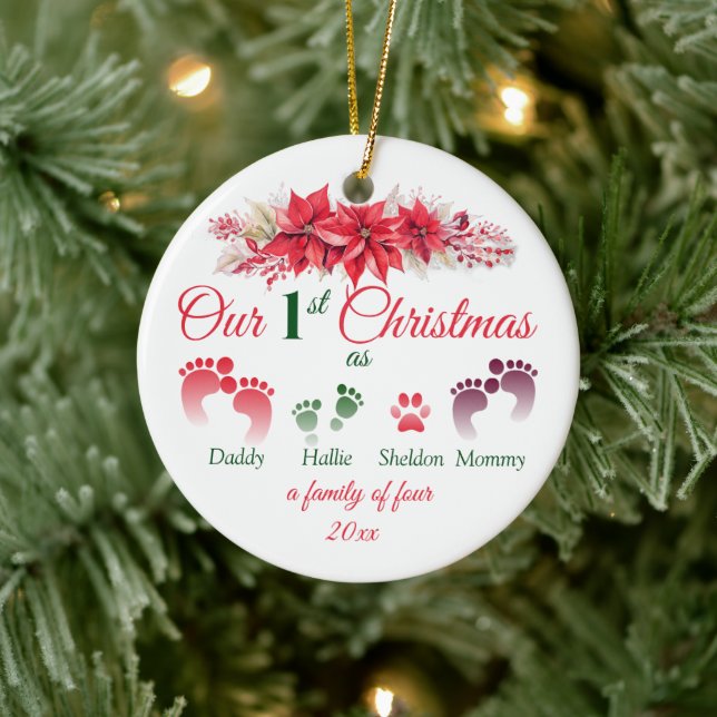 First Christmas As A Family Of 4 Poinsettia Ceramic Ornament (Tree)