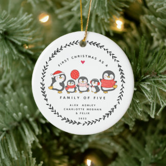 First Christmas As A Family Of Five Penguins Ceramic Ornament