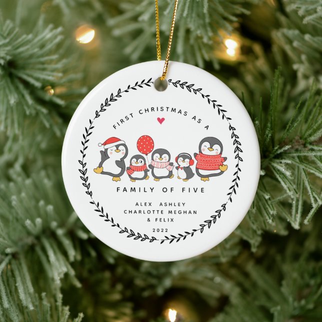 First Christmas As A Family Of Five Penguins Ceramic Ornament (Tree)