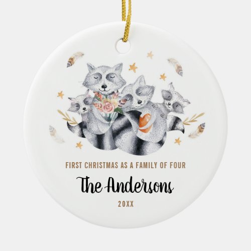 First Christmas As A Family of Four 4 Raccoons Ceramic Ornament
