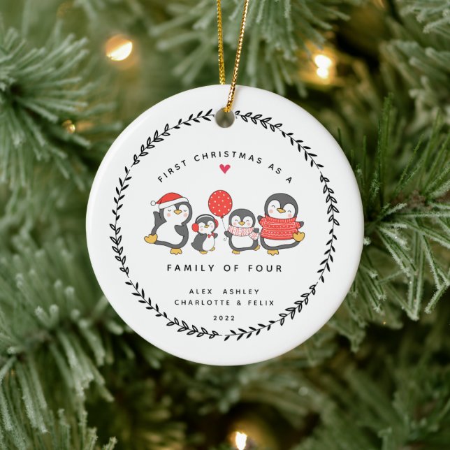First Christmas As A Family Of  Four Penguins Ceramic Ornament (Tree)