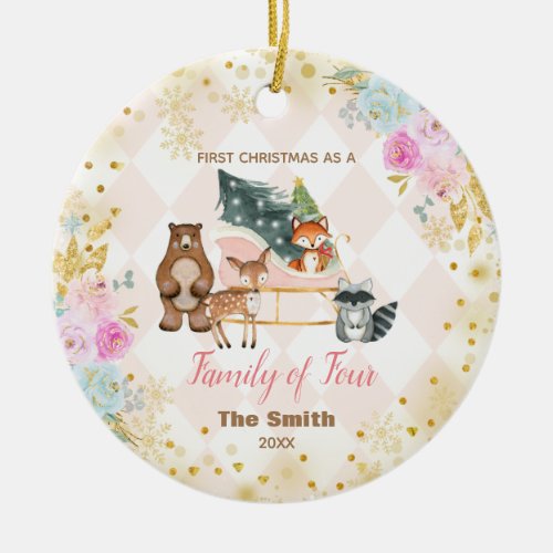 First Christmas as a Family of Four  Pink Floral  Ceramic Ornament
