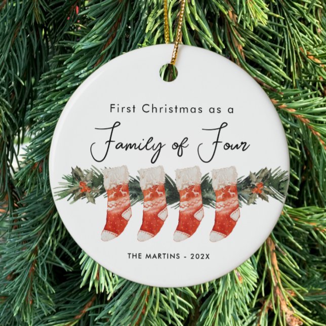 First Christmas as a Family of Four Stockings Ceramic Ornament (Creator Uploaded)