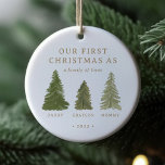 First Christmas as a Family of Three Baby Stats Ceramic Ornament<br><div class="desc">Celebrate your baby's first Christmas with this simple and elegant ornament,  featuring watercolor Christmas Trees and place to upload your baby's photo and stats on the back side.</div>