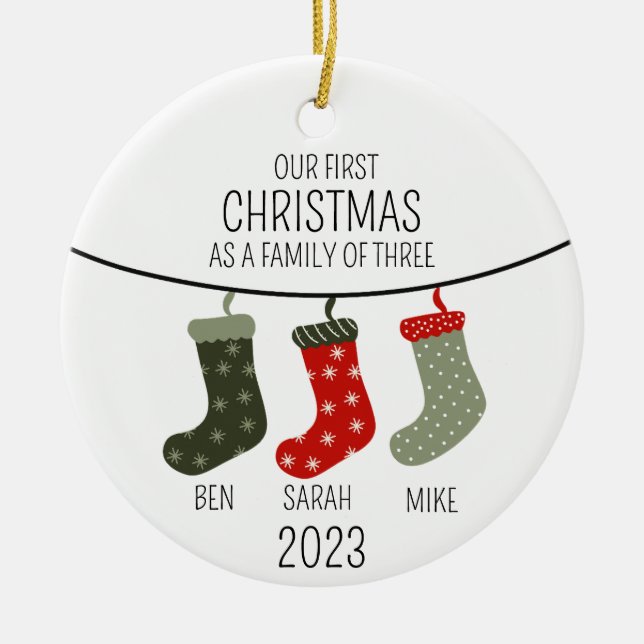 First Christmas as a family of three Ceramic Ornament (Front)