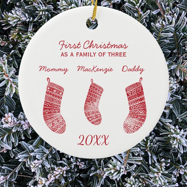 First Christmas as a Family of Three Ceramic Ornament (First Christmas as a family of three personalized name date year Scandinavian stockings ornament)