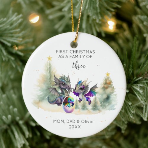 First Christmas as a Family of Three Neon Dragon  Ceramic Ornament