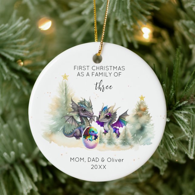First Christmas as a Family of Three Neon Dragon  Ceramic Ornament (Creator Uploaded)
