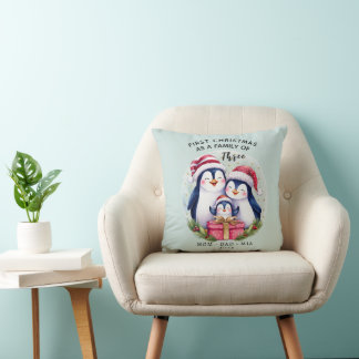 First Christmas as a Family of Three Penguin Throw Pillow