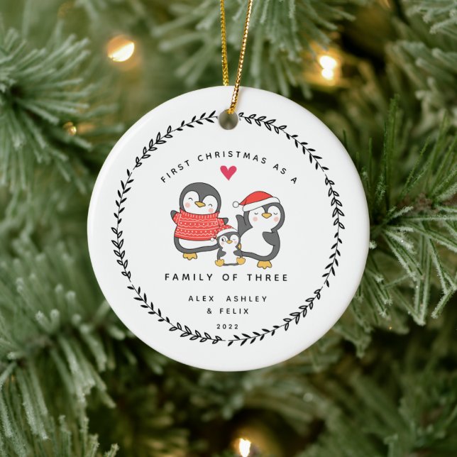 First Christmas As A Family Of Three Penguins Ceramic Ornament (Tree)