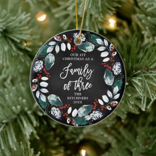 First Christmas as a Family of Three Rustic Wreath Ceramic Ornament
