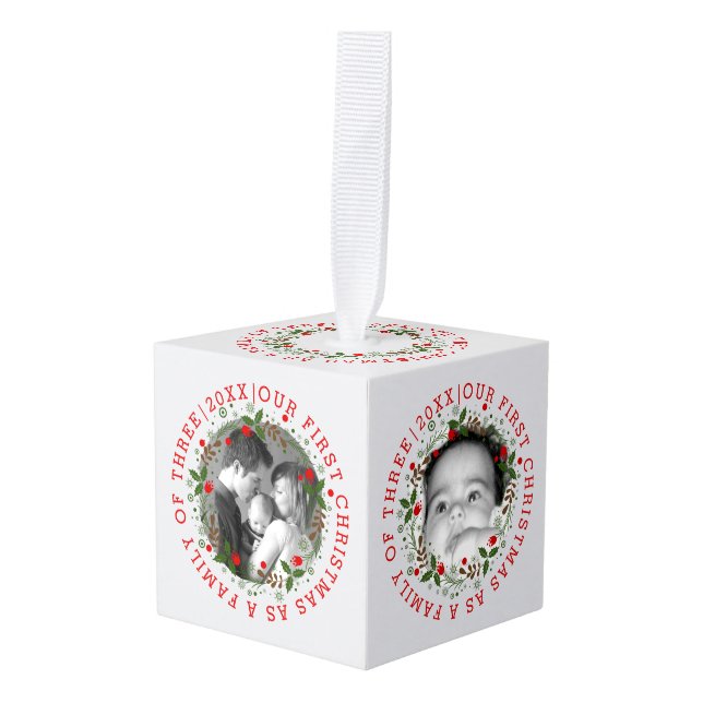 First Christmas as a family of three wreath photo Cube Ornament (Front Angled)