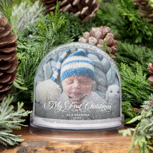 First Christmas As A Grandma Calligraphy 2-Photo Snow Globe (Winter)