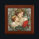 First Christmas as a New Mom Gift Box<br><div class="desc">Matrescence: the transition to Motherhood. The image on this wooden gift box (or jewelry box) depicts a serene portrait of a mother holding her child, in a vintage stained glass design. Suited to commemorate new mothers of religious and secular families alike. Remember to personalize the name and the year before...</div>